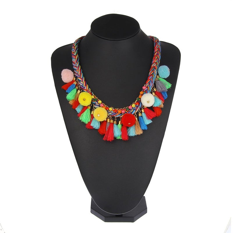 LUREME Bohemian Handmade Colorful Braided with Pom Pom and Tassels Statement Necklace Collar (nl005628) - Image 4